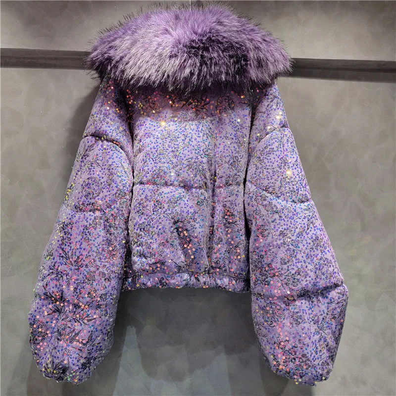 Heavy Industry Fashion Sequins Thicken Warm Padded Jacket Loose Bat Sleeves Fur Collar Cotton Coat Winter Women Clothes Casacos