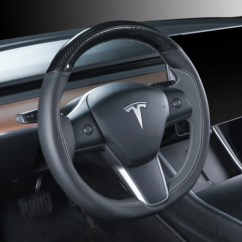 

Замшевый кожаный чехол на руль из углеродного волокна «сделай сам», чехол на руль автомобиля для Tesla Model 3 Model Y, внутренние автомобильные аксессуары