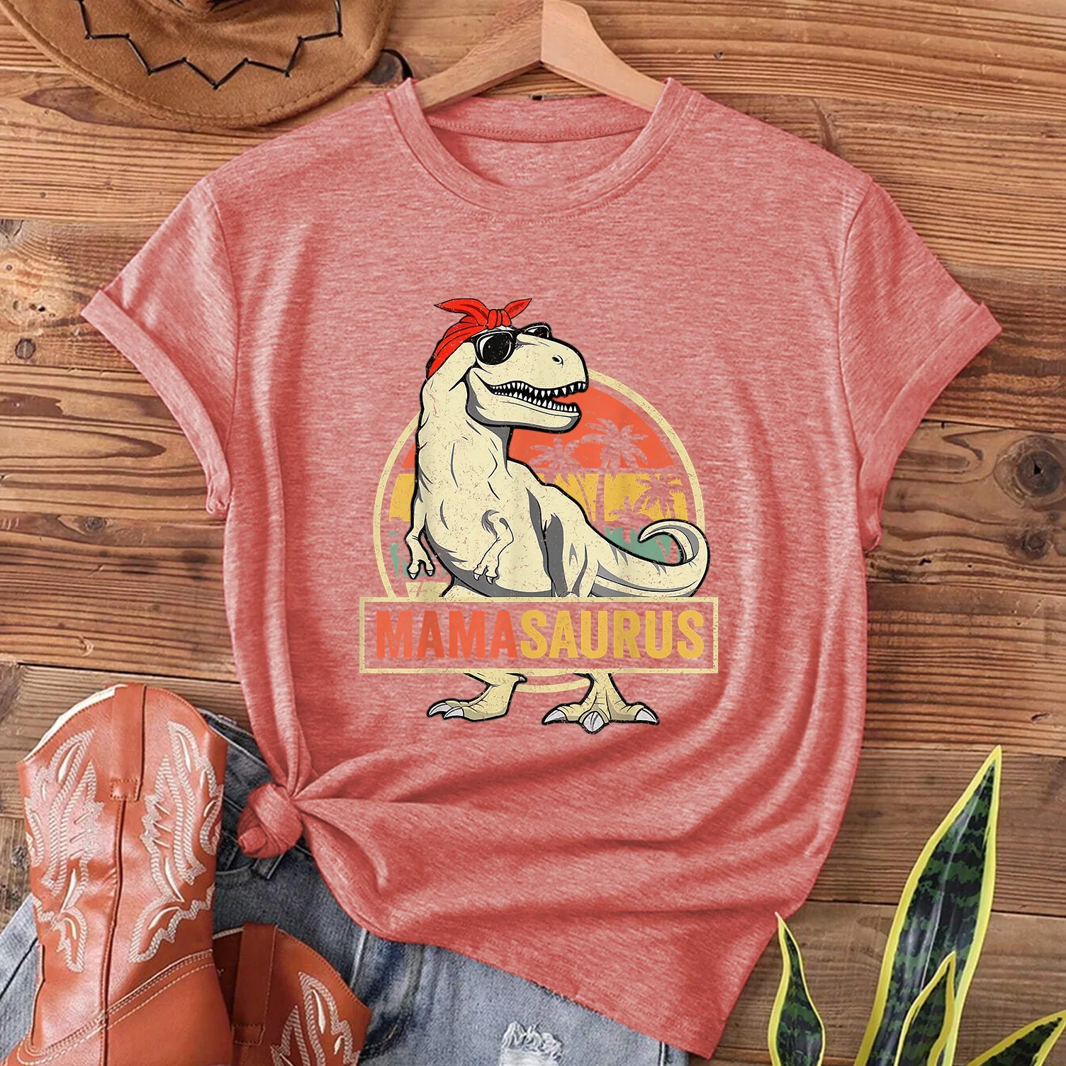 Casual Women's T Shirt Dinosaur Mom Walking Under Coconut Trees on The Beach Short Sleeve Printed Top Casual Tops for Women