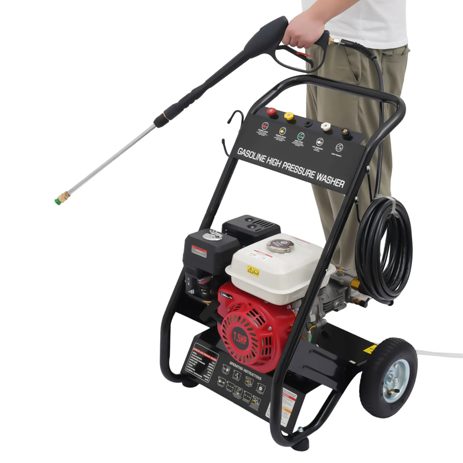 7,5 PS, 2200 PSI Hochdruckreiniger, 3400 U/min, benzinbetriebene Reinigungsmaschine mit 5 Düsen für Hof, Auto, geräuscharm, Handzugstarter – Detail 7