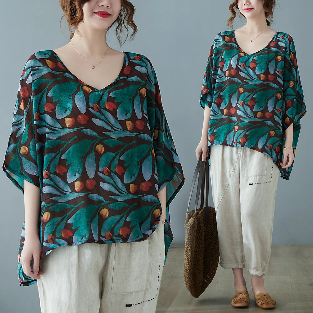 

Floral Print Chiffon Shirt Loose Fit Short Sleeve Large Size Women's Top Casual Style Summer New Arrival Big Flower Pattern