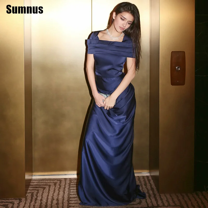 

Sumnus Elegant Navy Blue Mermaid Evening Dress Square Collar Pleats Floor Length Formal Dresses فساتين سهرة Customiz