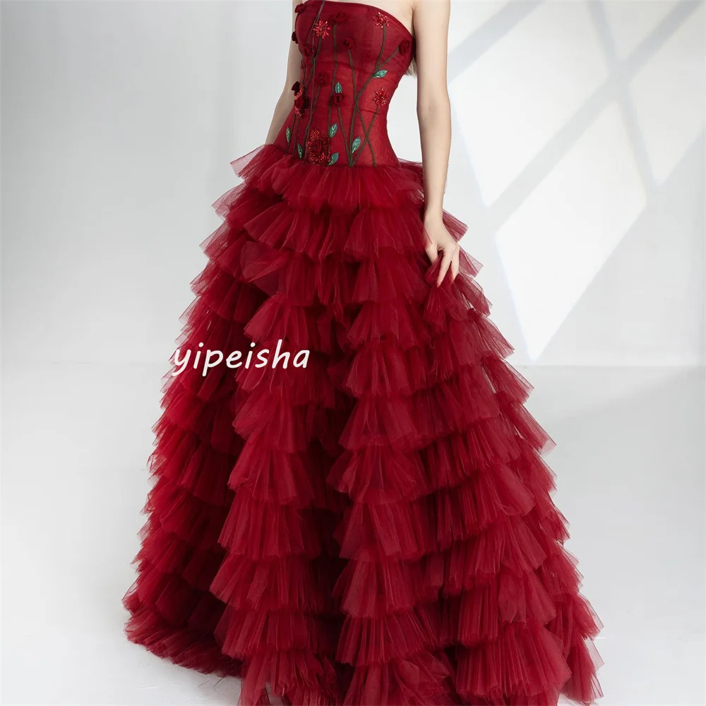 Intricate Sparkle Tulle Pleat Ruched Tiered Applique Flower A-line Strapless Long Dresses Prom Dresses Matching Fashion Pastrol