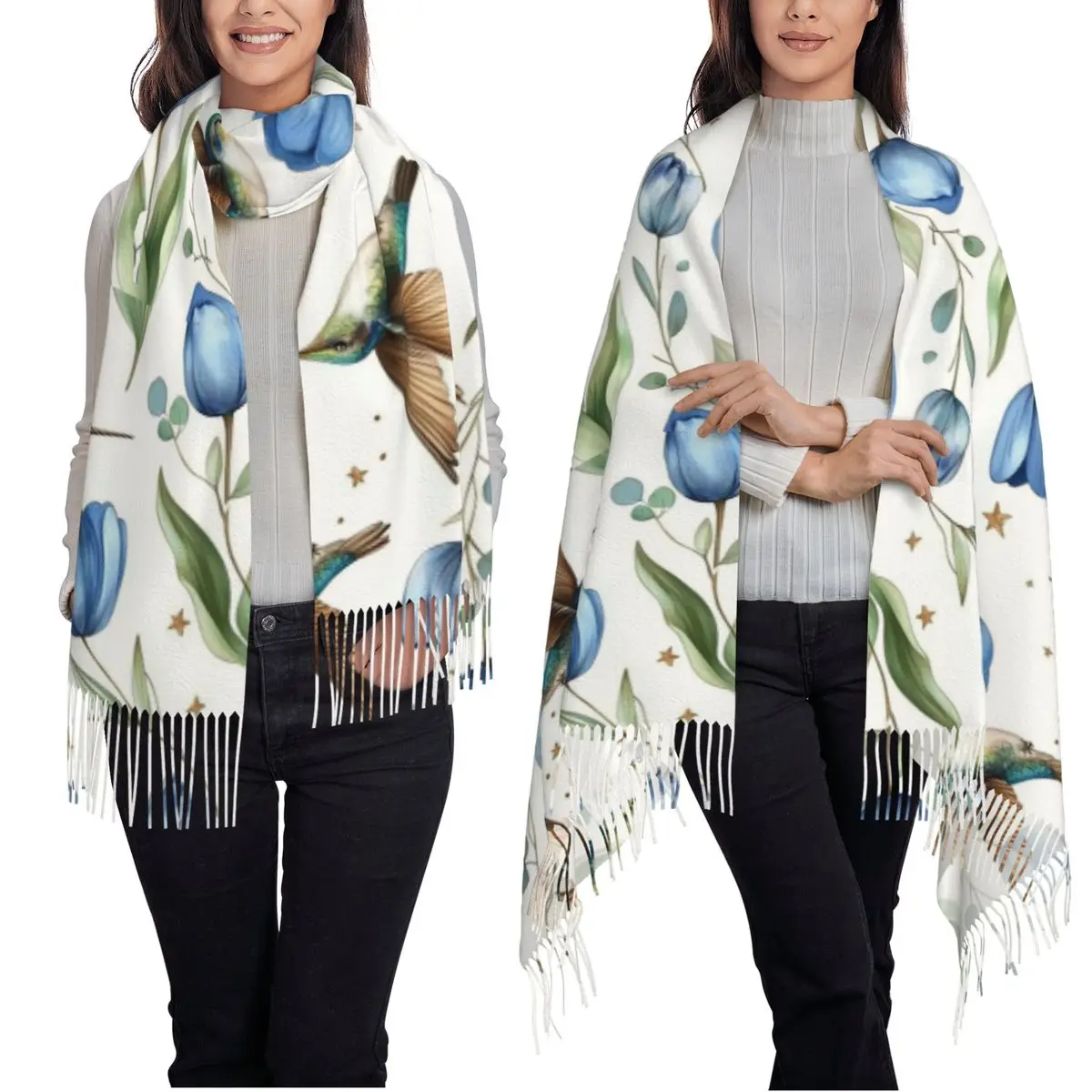 Tulips And Hummingbirds Scarf Tassel Scarves for Women Soft Warm Shawls and Wraps Large Fall Winter Shawl Wrap