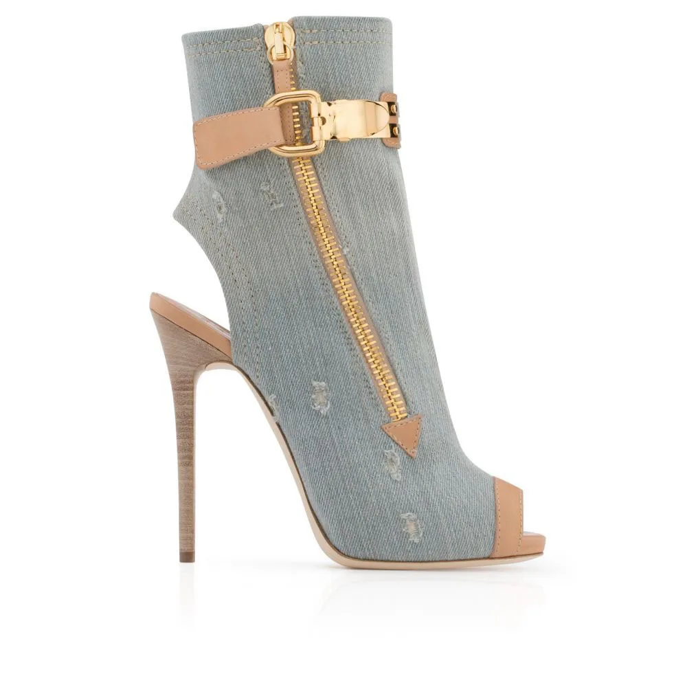 รองเท้าบูทข้อเท้าส้นเข็มแบบเปิ - Street Fashion Denim บทวิจารณ์และราคา