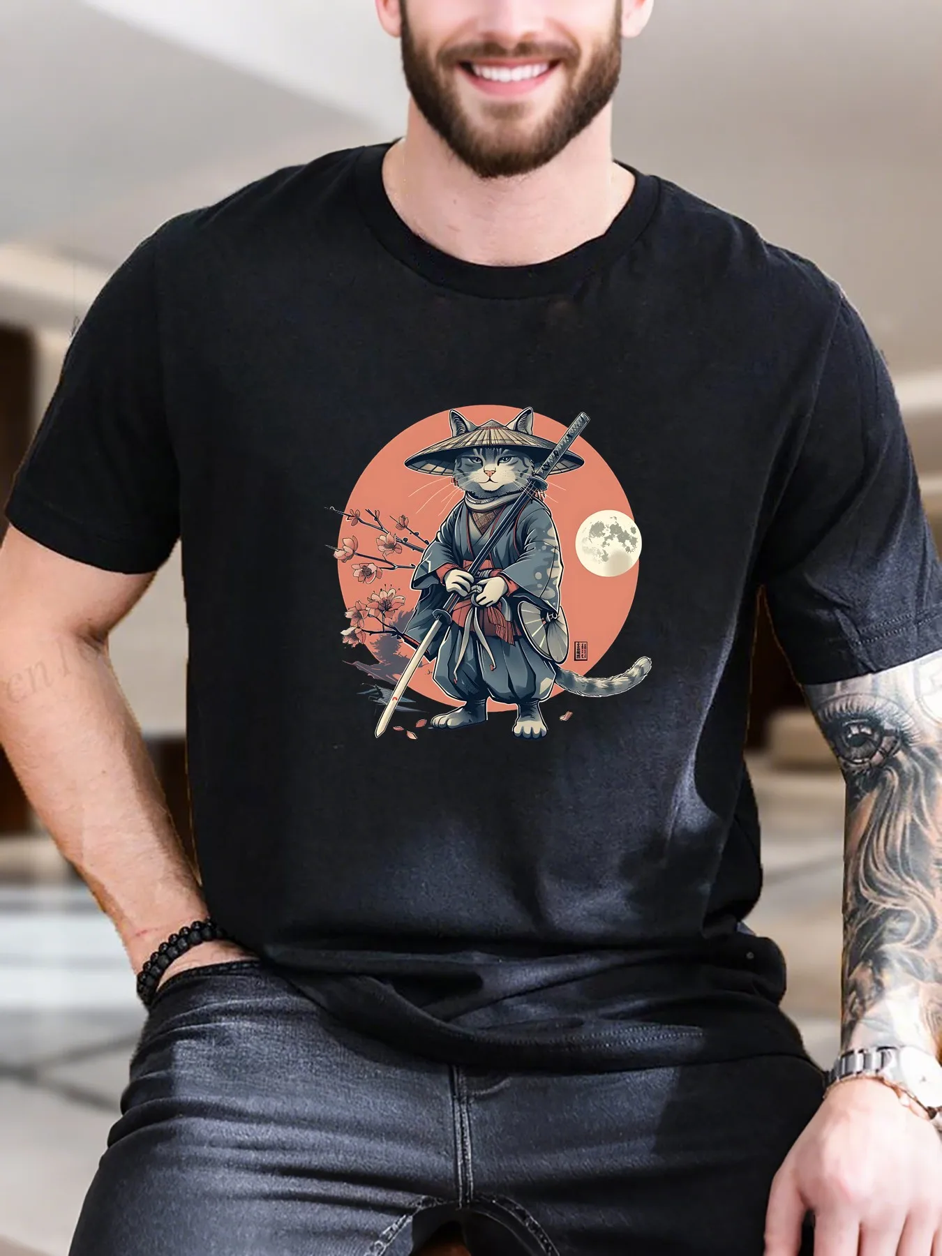 

New Arrival Fashion Men's Printed T-Shirt Cute Cat Holding Sword Hat Design 100% Cotton Breathable Soft Trendy Casual Tee for Men