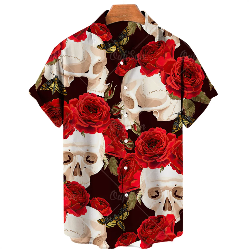 Hawaiihemd mit Totenkopf-Print, kurzärmelig, locker geschnitten, atmungsaktiv, Hip-Hop-Stil, schnelltrocknend, bequemes Herrenhemd für den Strand – Detail 12