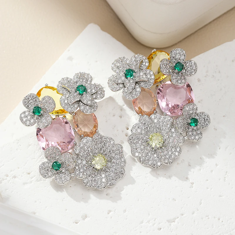 

Роскошные разноцветные большие серьги с цветочным принтом, позолоченные цирконий (розовый, желтый, зеленый), ювелирные изделия для свадебных модных мероприятий