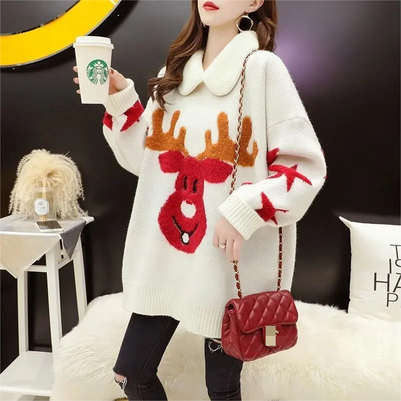 Sweater Lady Reindeer Christmas sweater 2023 Winter Woman pullover sweater Loose sweater Woman Winter