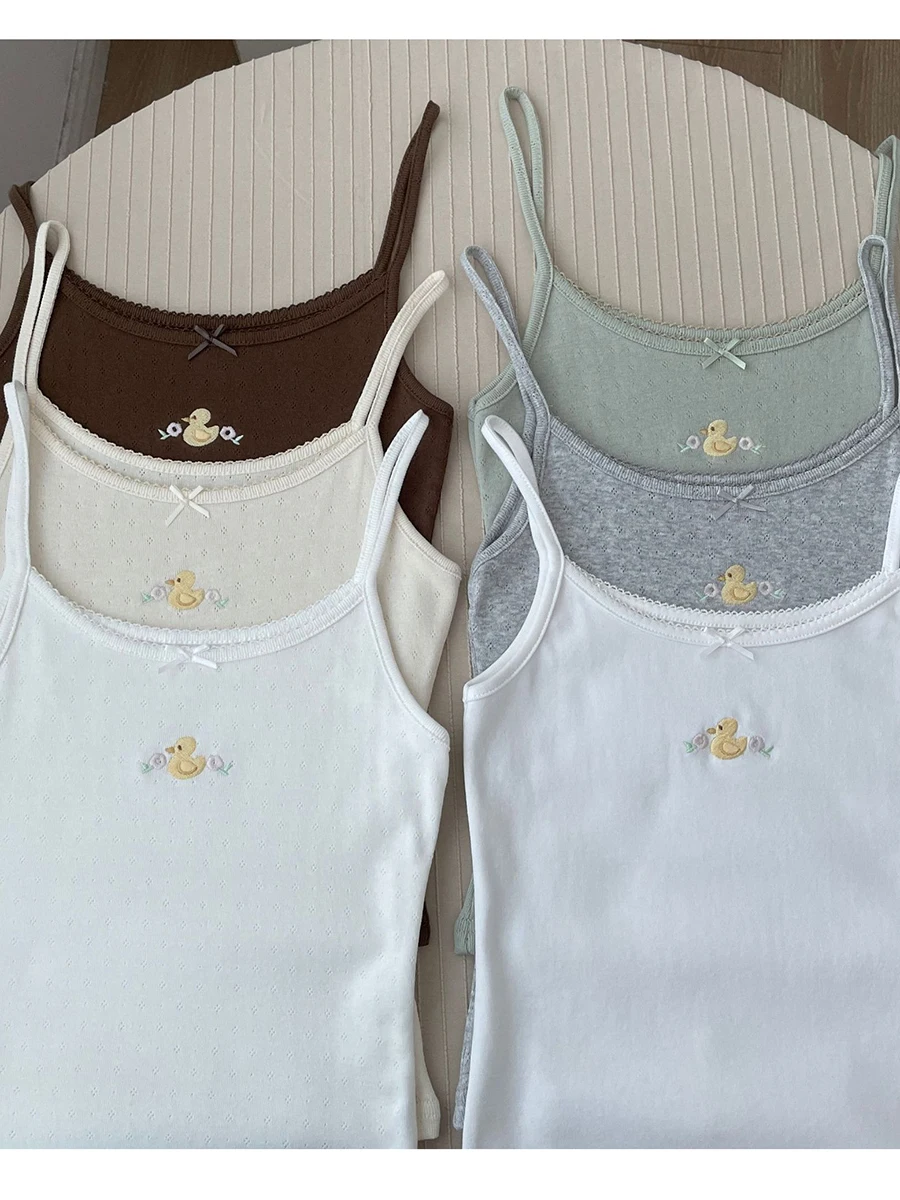 Little Duck Embroidery Cute Crop Top Summer Bow Cotton Sleeveless Slim Tank Tops Women Preppy Style Solid Sweet Camisole Y2k