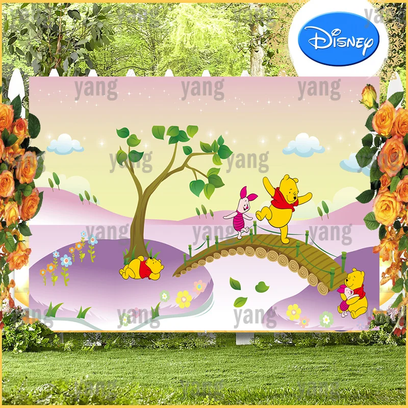 Lovely Custom Purple Glitter Disney Cartoon Background Warm Birthday Decoration Backdrop Party Winnie Bear Tigger Piglet Banner