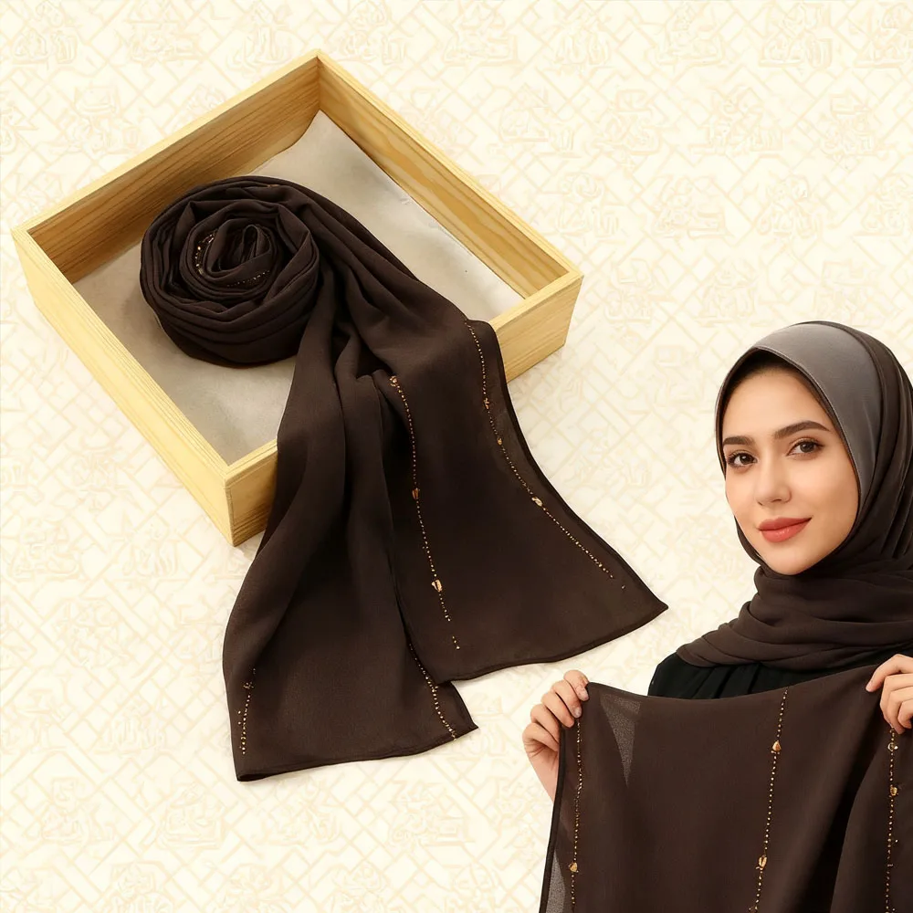 

2025 шифоновый шарф-хиджаб со стразами, женский мусульманский хиджаб, шаль, простая мягкая повязка на голову, модный однотонный длинный глушитель, исламский тюрбан