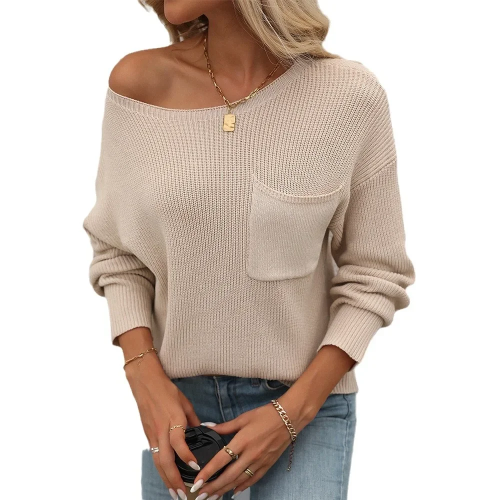 

Sweater Fashion Tops 2024 New Women's Round Neck Pocket Decoration Long Sleeved Sweater Pullover Pullover