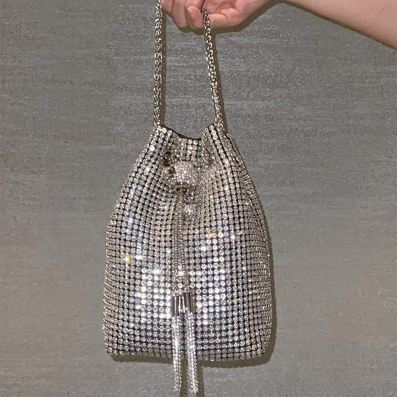 

Women Fashion Diamonds Rhinestone Bucket Bags Retro Tassel Chain Ladies Shoulder Bags Shiny Small Crossbody Bags Female Handbags