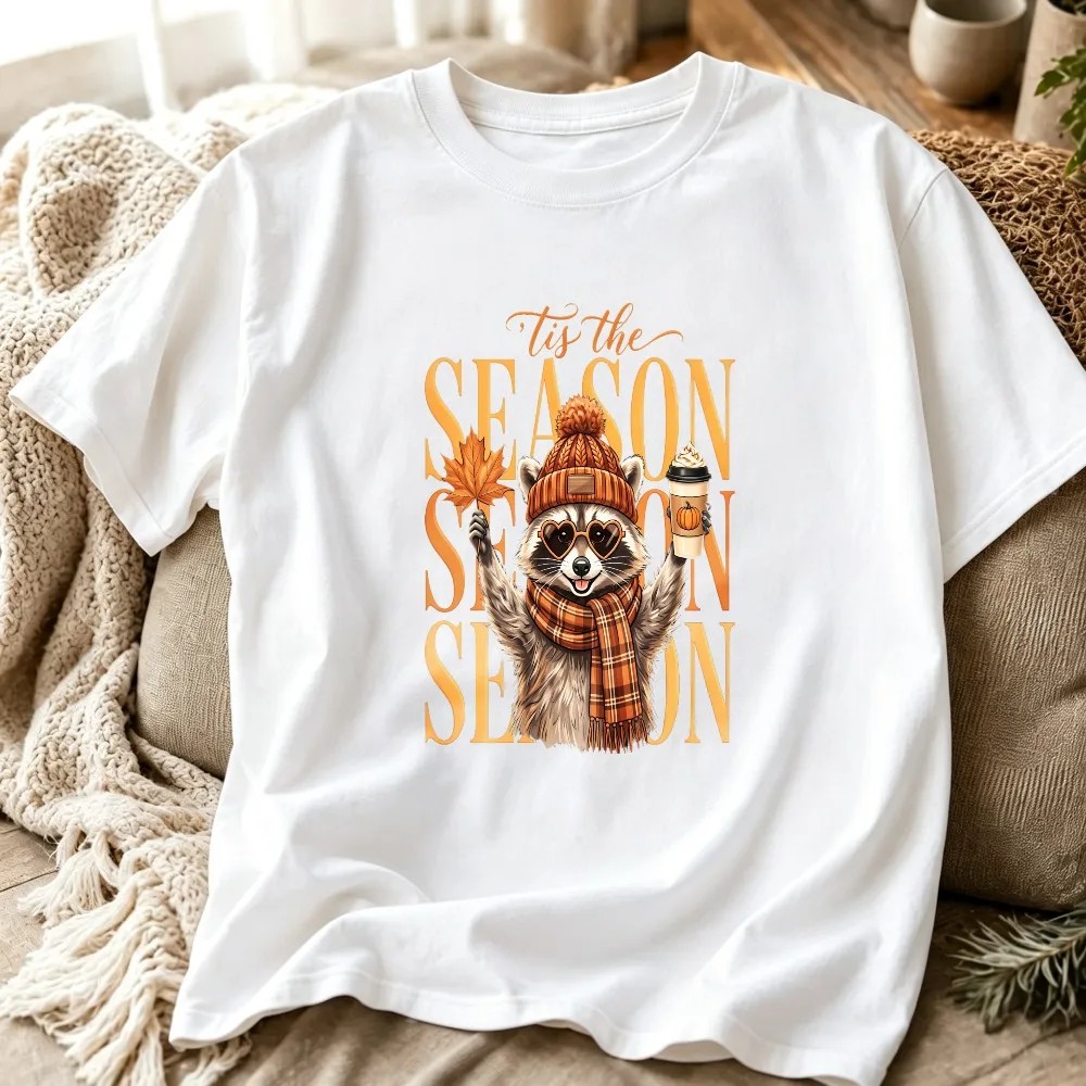 Tis The Season Graphic T Shirt Cute Raccoon with Beanie Scarf Pumpkin Spice Coffee Maple Leaf Print Fall Autumn Harvest Tees Top