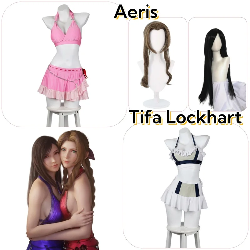 Aeris Tifa Lockhart Cosplay Costume Wig Summer Swimsuit Sexy Bikini Woman Carnival Suit Cos Aerith Gainsborough Final Fantasy