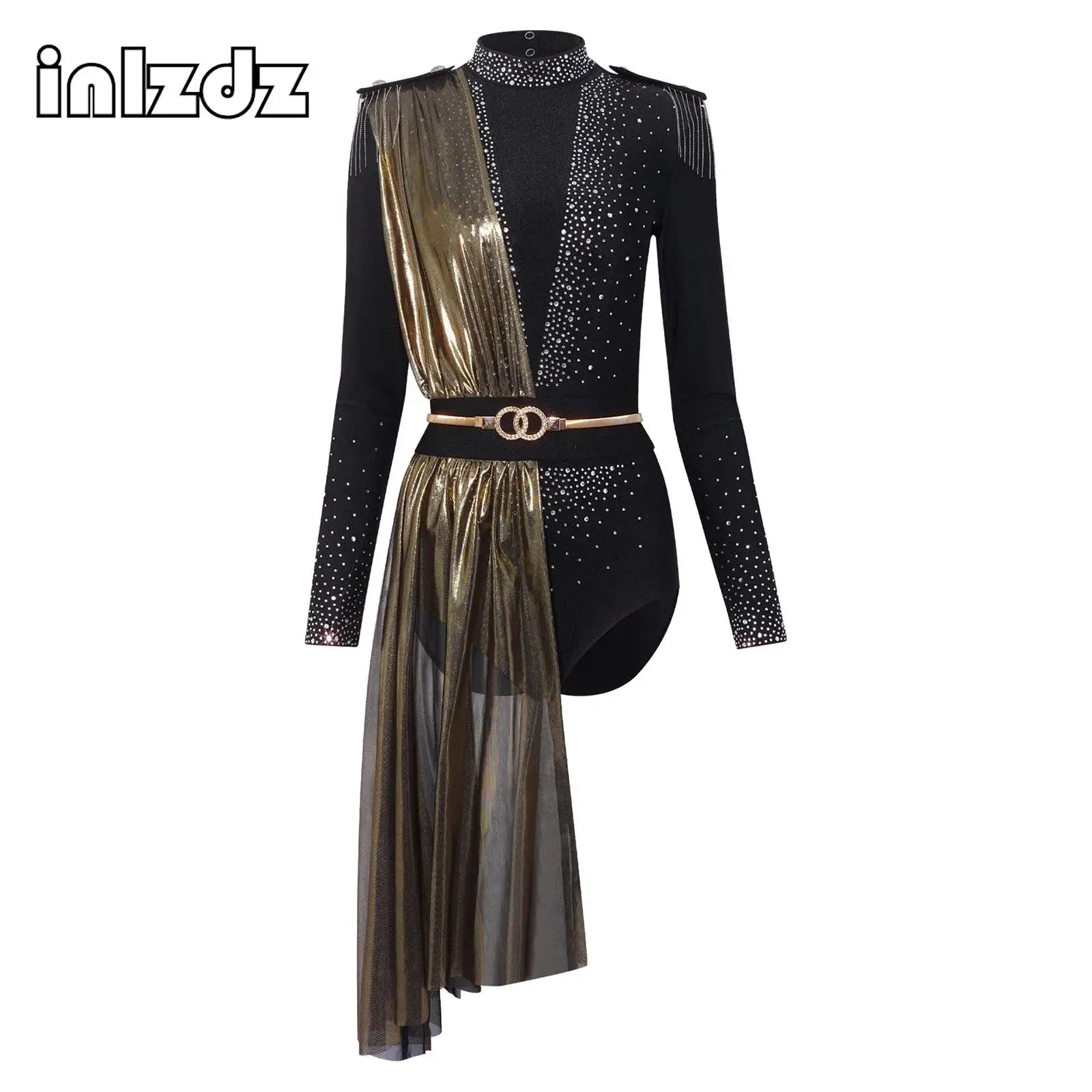 

Womens Modern Lyrical Dance Costume Metallic Shiny Drape Long Sleeve Rhinestone Leotard with Metal Waist Belt for Stage Show