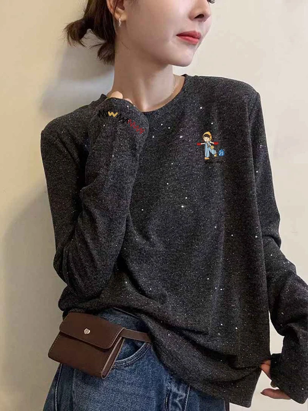 Ele Long Sve round Ne T-irt Dames losse afslankende basislaag irt Top Faionable Sequin Design Cartoon Print