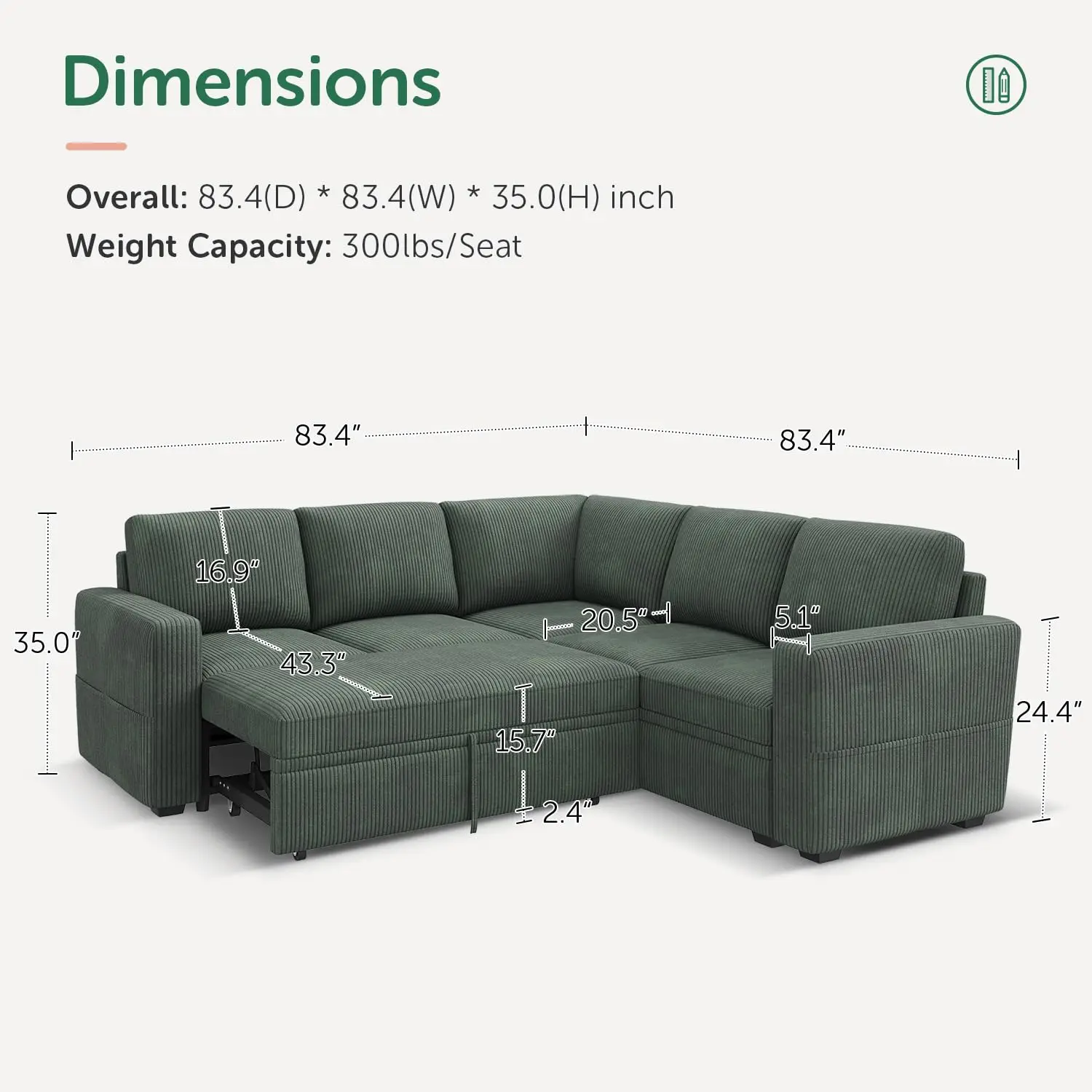 Modular Sleeper Sofa with Pull Out Bed, Corduroy L Shaped with Storage for Living Room, Green, Customized