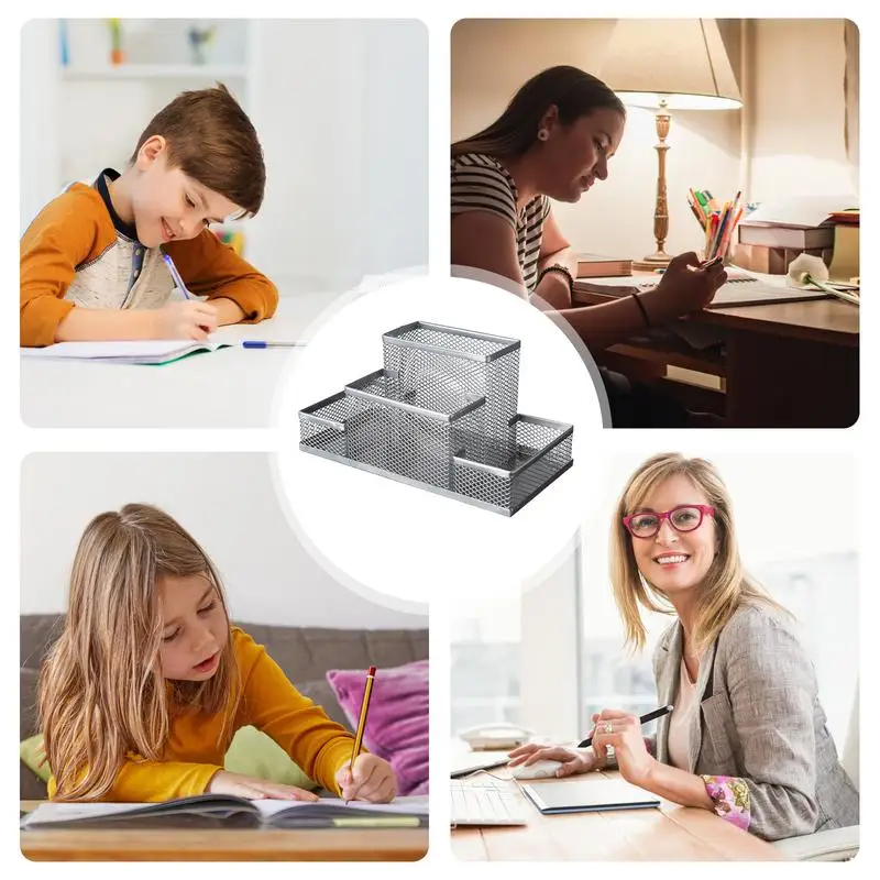 Pen Containers For Desk Office Stationery Storage With 4 Grid Desk Organizer Storage For Desktop Home School Bedroom Countertop