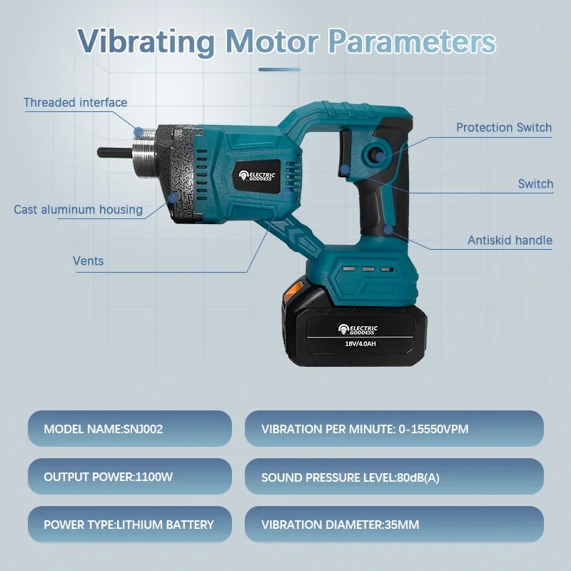 1100W Concrete Vibrator For Makita Battery 35MM Professional Vibration Diameter Power Tool Vibration Per Minute 0-15550VPM