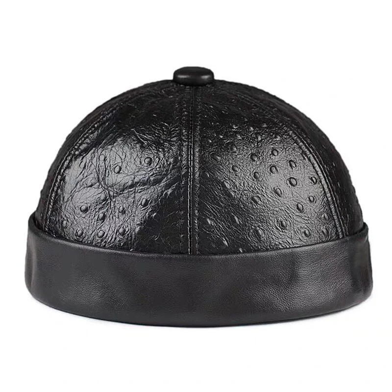 

Retro Real Leather Hat Chinese style Hat Sheepskin Cap Brimless Hat Warm Round Male Caps Fashion Winter And Autumn Luxury Hats