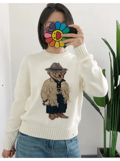 Women's round Ne Knitted Pure Cotton Sweater Bear Tassel Handmade op Overhead irt Warm Autumn Winter Faion Commute