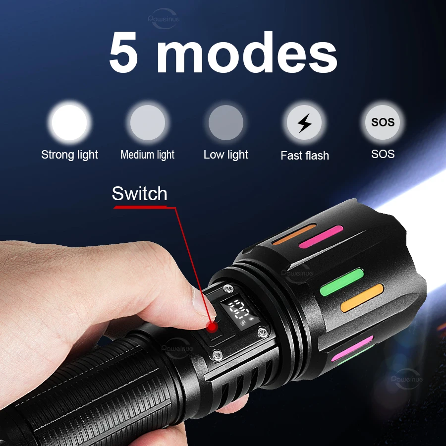 50000000LM مصباح LED فائق السطوع مصباح يدوي أقوى قابلة للشحن مصباح محمول مقاوم للماء في الهواء الطلق ضوء الصيد فانوس التخييم