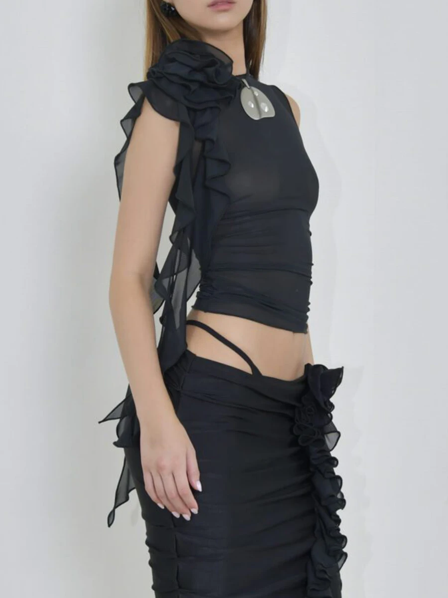 

Женская сетчатая Прозрачная Сексуальная майка Y2k, летняя Тонкая блузка без рукавов с цветочными оборками и бахромой