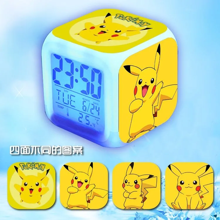 Pikachu Streetwear 7-Farben-Wechsel-LED-Digitalwecker, Würfel-Nachtlicht mit Temperatur- und Datumsanzeige für Kinderzimmer-Deko