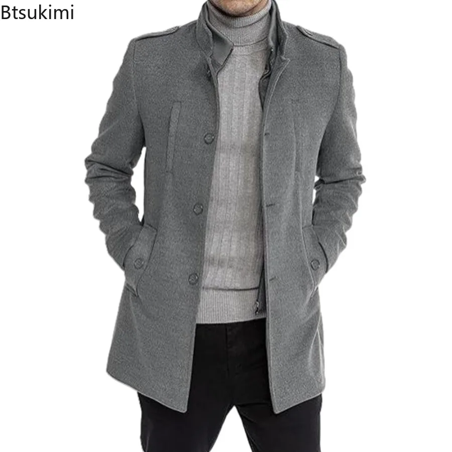 New 2025 Men's Grey Woolen Overcoat Medium and Long Zipper Jacket Fake Autumn Winter Two-piece Set Cardigan for Men M-2XL Size