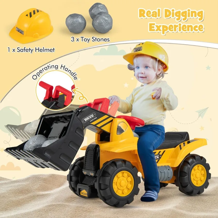 Ride on Excavator No Power Ride on Construction Vehicles for Helmet 3 Toy Rocks Adjustable Bucket Horn Ride On Loader Bulldozer