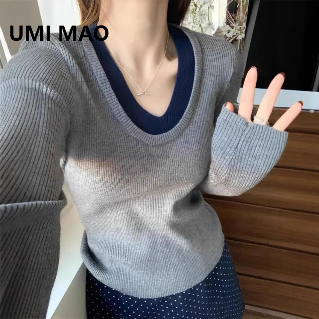 

UMI MAO Autumn Winter Fake Two-Piece Color-Block V-Neck Long Sleeve Knitted Sweater Velvet Inner Layer Base Shirt Color-Block