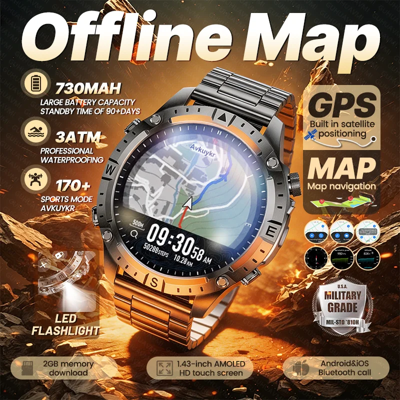 

New Outdoor GPS Offline Map Precise Navigation Smart Watch 730mAh Battery BT Call 3ATM Waterproof Sports Men AMOLED Smartwatches
