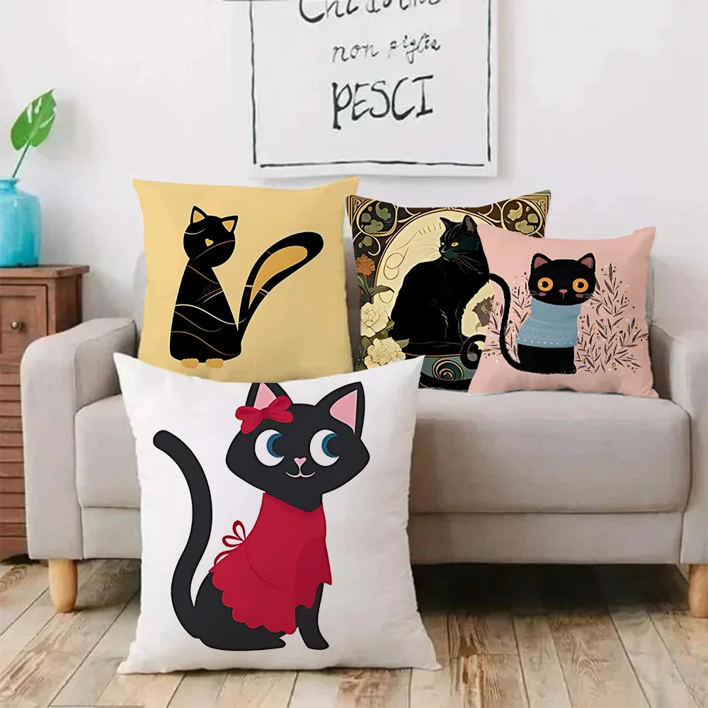 Retro black cat cartoon anime cat Kawaii Pillow Covers Sofa Decorative Home Double-sided Printing Short Plush Cute Cushion Cover