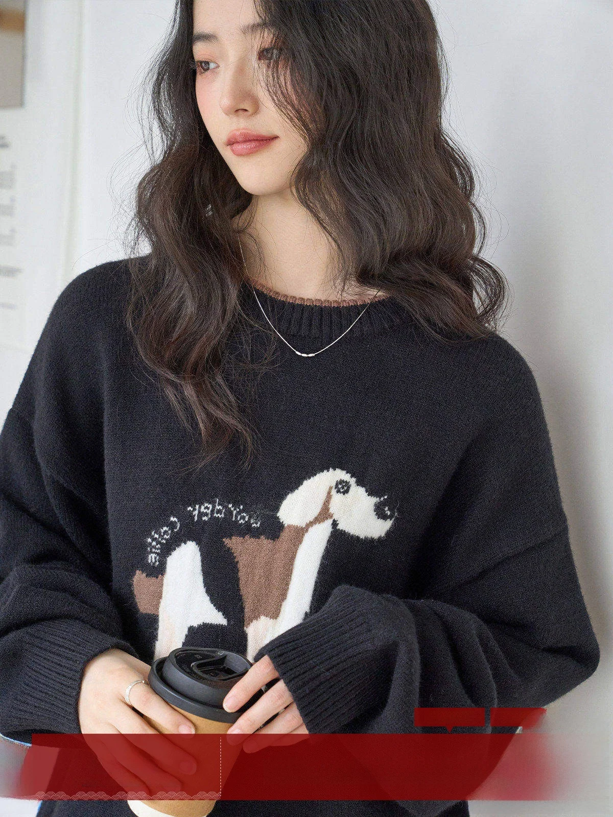 

Мягкий уютный вязаный свитер женский с круглым вырезом, свободного кроя, зимний, модный, маленького размера, с черным принтом собаки, термотоп