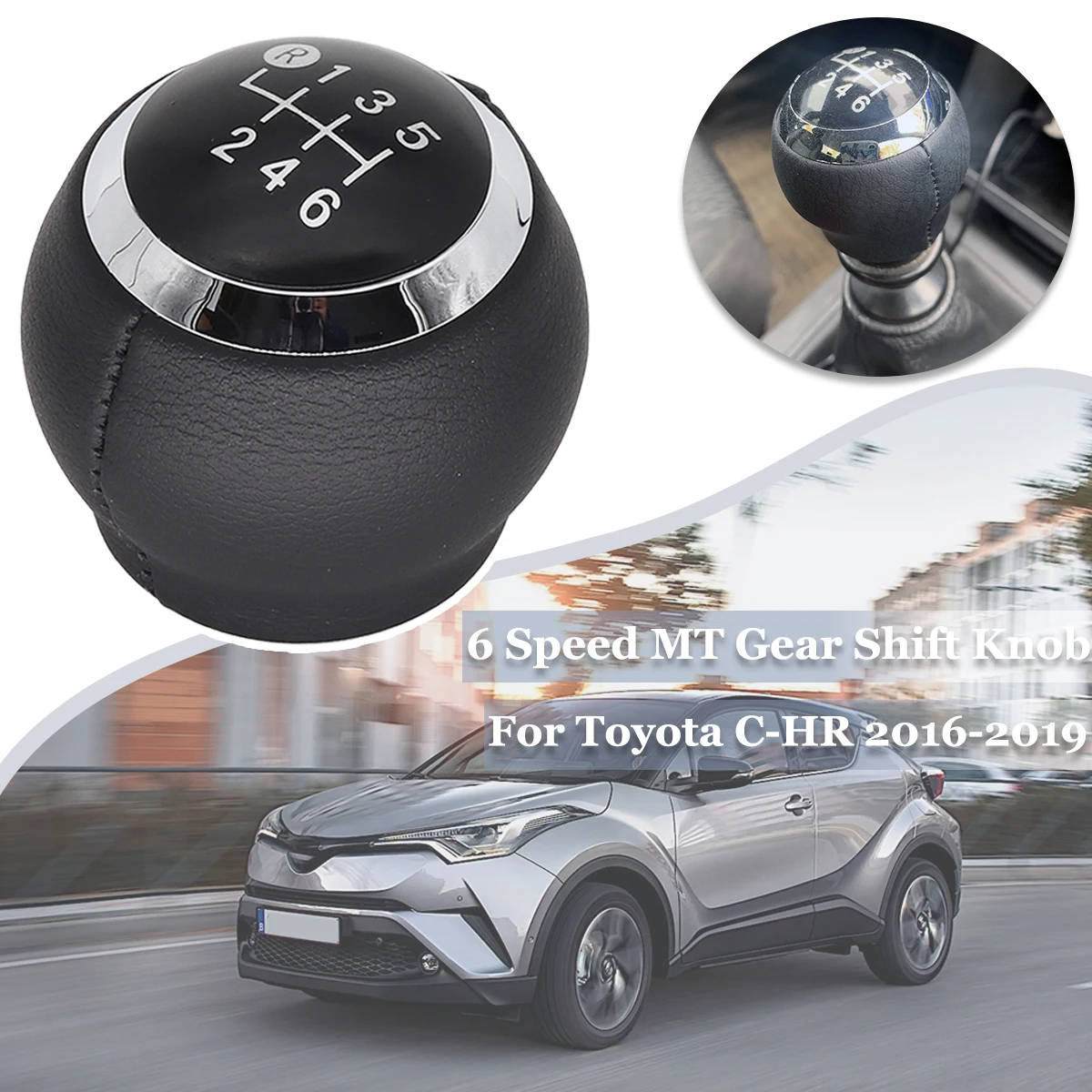 

For Toyota C-HR 6 Speed MT Gear Shift Knob GearStick Lever Pen Pu Leather Shifter Handball Chrome M12 Black 2016 2017 2018 2019