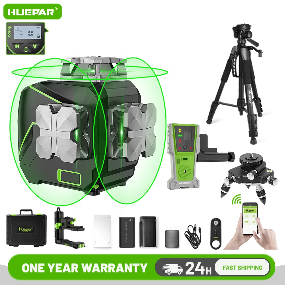 Huepar 12 Lines 3D Self Leveling Laser Level with LCD Screen 3x360° Bluetooth Connected Green Beam Cross Line & Remote Control