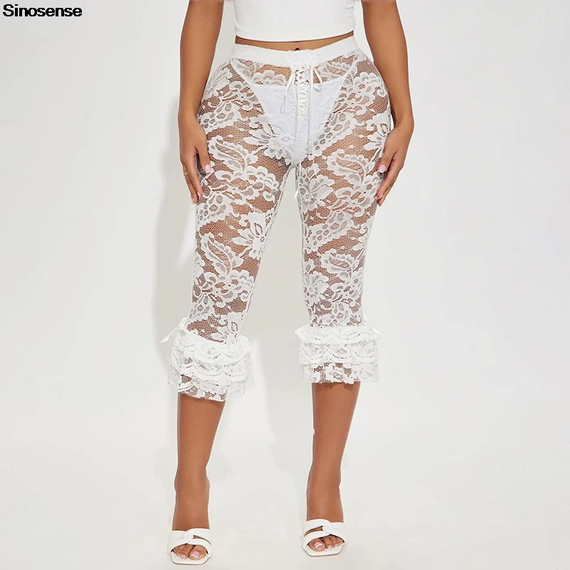 Kobiety Seksowne Kwiatowe Koronkowe Przezroczyste Siatkowe Spodnie Ruffle Rozciągliwe Rajstopy Długość do kolan Capri Pant Y2K Night Out Club Party Pants