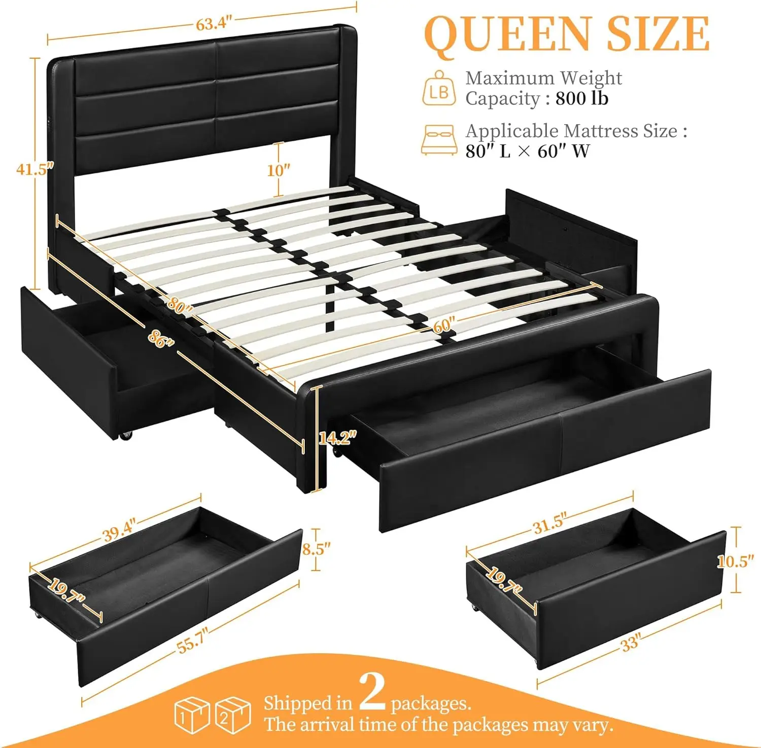 Queen Size Bed Frame Platform with 2 USB Charging Station/Port for Type A&Type C/3 Storage Drawers, Leather Upholstered with Hea image 2