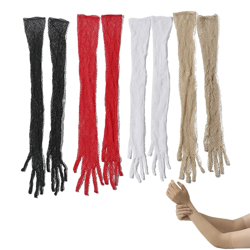 

Long Gloves Mittens Mesh Net Transparent Arm Sleeve Rhinestones Elasticity Fishing Thin Stage Performance Cosplay Party Gloves