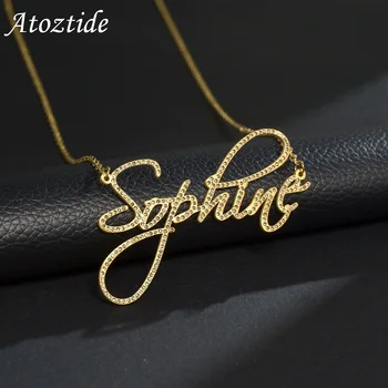 Atoztide Zircon Custom Name Necklace for Women Thick Cuban NK Chain Stainless Steel Detachable Bling Stone Letter Pendant Gift