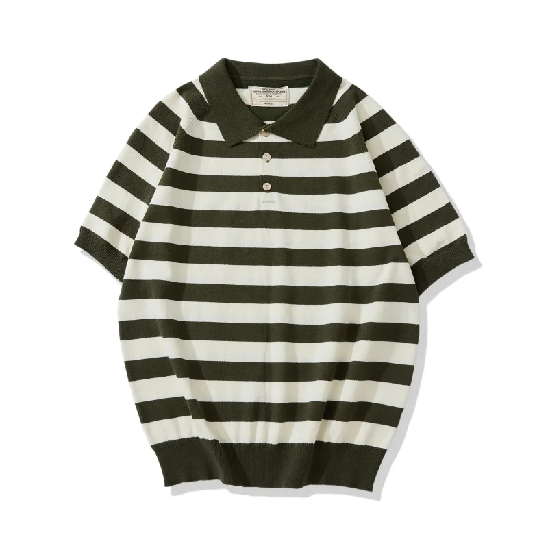 Summer Amikaji New Thick and Heavy Collar Knitted Striped T-shirt Retro Wide Striped Polo