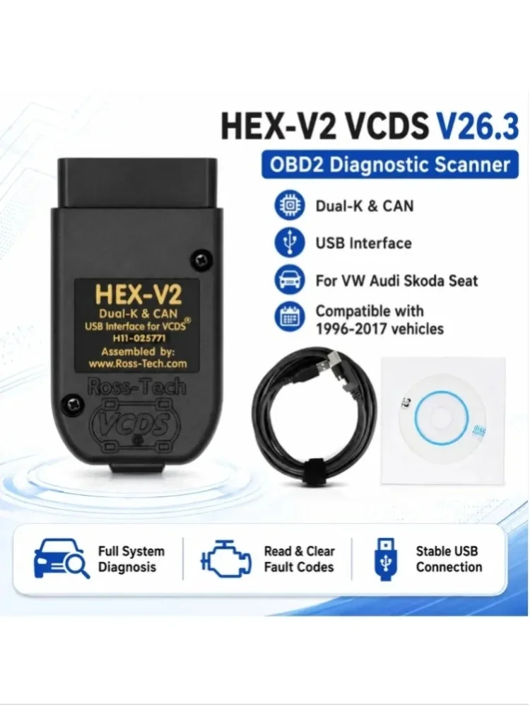 HEX V2 VCDS V26.3 OBD2 Diagnose-Scanner Dual-K CAN USB-Schnittstellenkabel für VW Audi Skoda Seat VAG Auto-Diagnosegerät