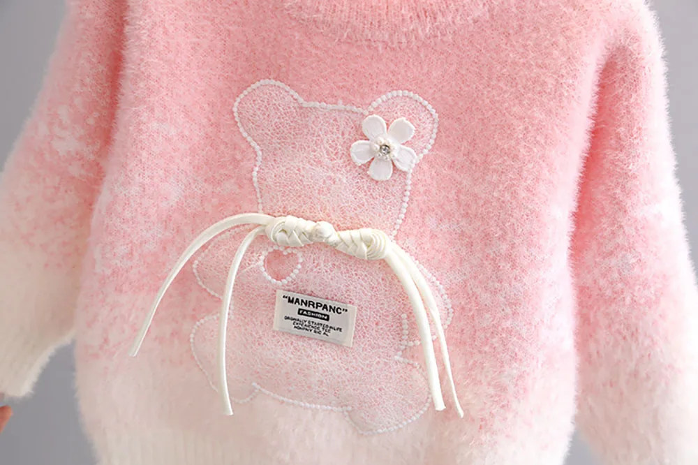 Faux Fur Winter Sweaters For Girls Korean Style Cute Bear Little Girl's Knitwear Round Neck Thick Warm Wool Cashmere Pullover