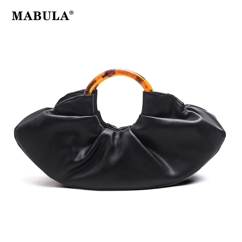 MABULA Brand Pleated PU Leather Women Top Handlde Purse Dumpling Ruched Clutch Bag Designer Handbag Chic Fashion Phone Pouch