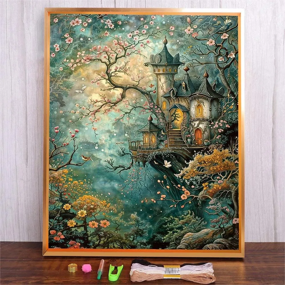 

Full Printed Fabric Cross Stitch Kits Tree Castle Pattern Canvas Embroidery Needlework Sets Cross Stitch Crafts For Living Room