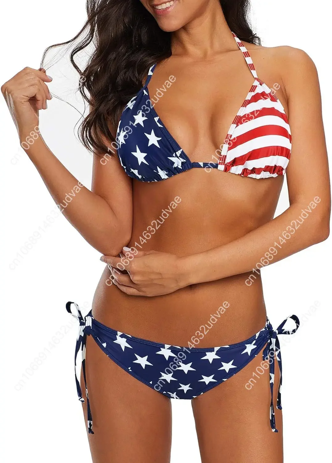 American Flag Women's String Two Piece Halter Top Triangle Bikini Set with Tie Side Bottom Sexy Swimsuit Bathing Suits