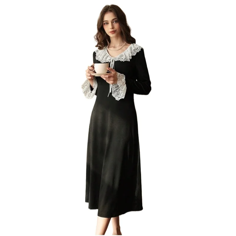 

Sexy Woman Nightgown - Vintage New Style Court Lace Patchwork V-neck Long-sleeved Pullover Long Dress for Women's Home Wear