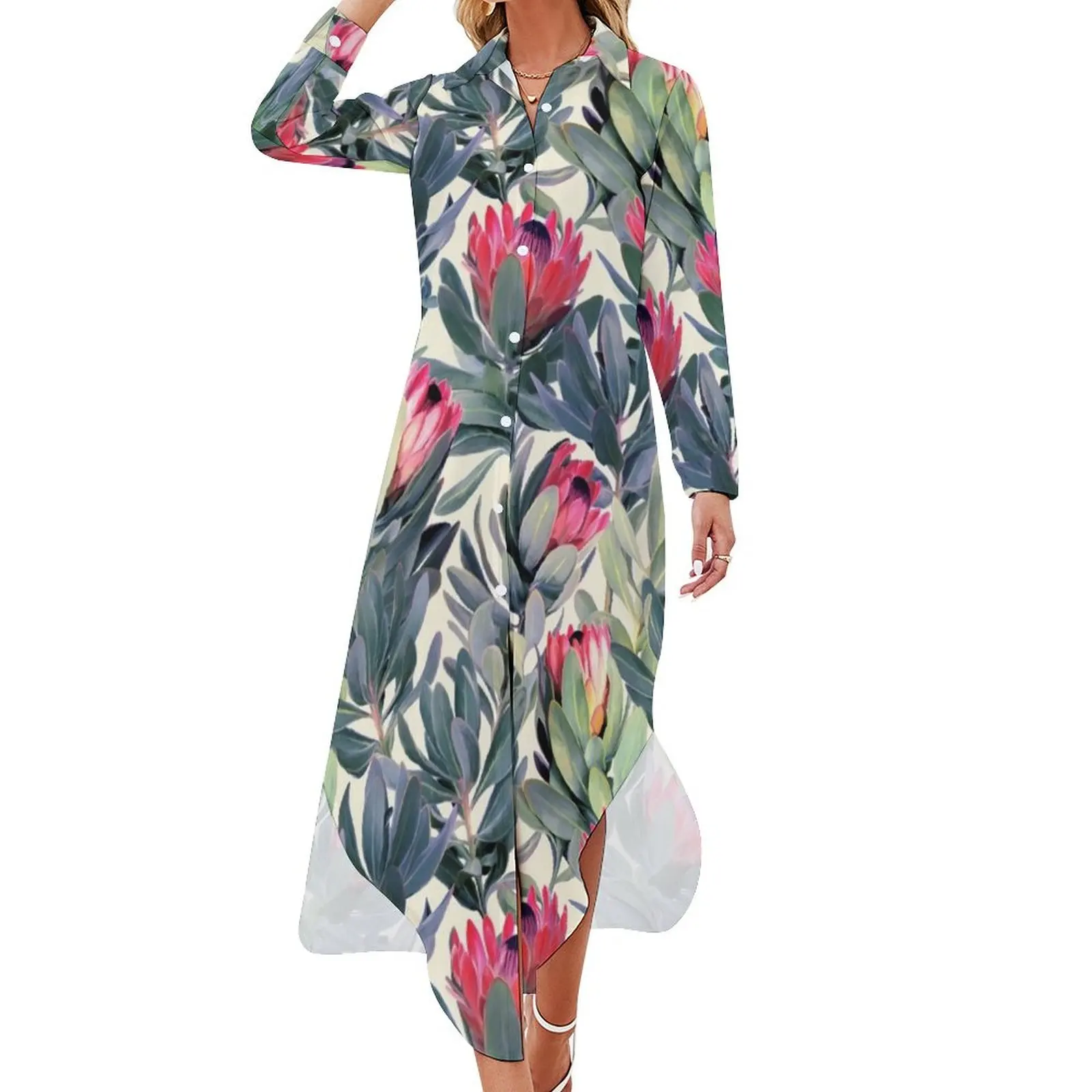 

Painted Protea Pattern Long Sleeved Shirt Dress Clothing female womans clothing Casual dresses summer dress korean women